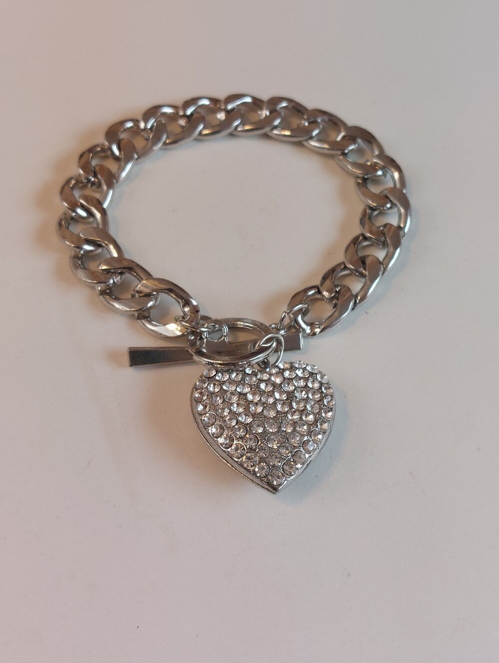 Silver Tone Chunky Curved Chain Toggle Bracelet With Pavé Heart Charm
